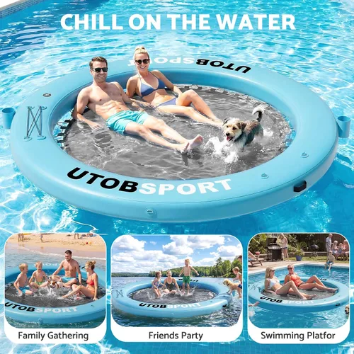 Vista 4 de Inflatable Water Hammock Floating Dock 8FT / 10FT Water Floating Island Raft for Lake Boat Pool Ocean Adults Kids, with W/Cupholder & Pump
