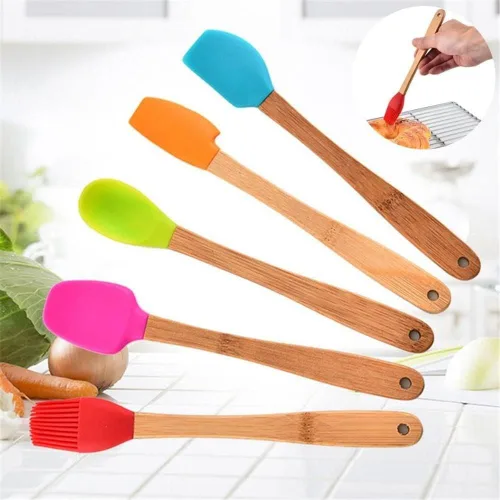 Vista 6 de Juego de mini espátulas de silicona con mango de madera, cepillo de silicona con asas de madera, cuchara, espátula para cocina y mezcla (5) (5)