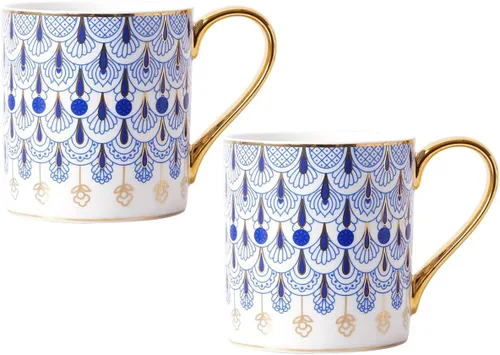 Vista 2 de CHOOLD Taza de café de porcelana floral azul estilo británico con cuchara de mango dorado, 12 onzas