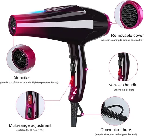 Vista 2 de Secador de pelo iónico con motor de 3500 W, 3 ajustes de calor/2 velocidades, 2 boquillas, 1 difusor para uso profesional en el salón de belleza