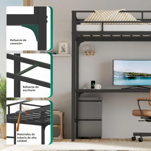 Vista 6 de Greenvelly Cama alta de metal con escritorio, cama individual tipo loft de tamaño matrimonial con enchufe de carga USB, luces LED, litera