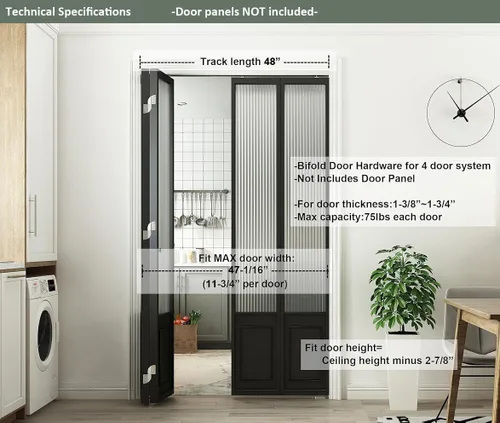 Vista 3 de DIYHD Kit de puerta corrediza de granero plegable de 48 pulgadas, riel de montaje en techo, kit de puerta interior plegable para 4 puertas, ancho