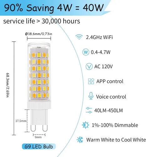 Vista 2 de Paquete de 2 bombillas LED inteligentes con Wi-Fi regulables con base G9, compatibles con Amazon Alexa y Google Assistant, blanco cálido a frío