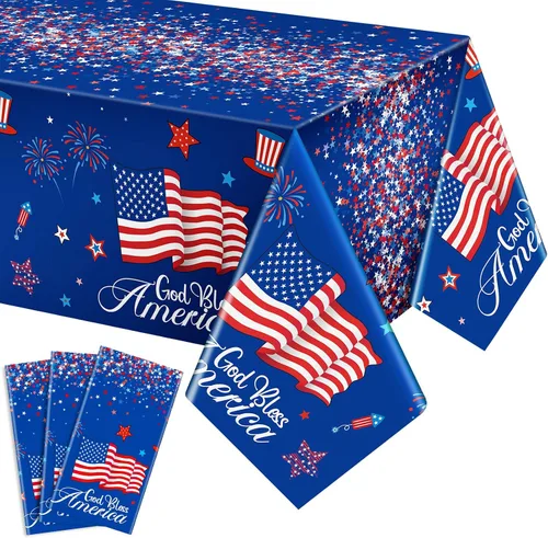 Vista 7 de Buryeah 3 Pcs Patriotic Tablecloth 54 x 108 Inch Plastic Tablecloth Red White Blue American Flag Rectangular Table Covers for 4th of July Memorial