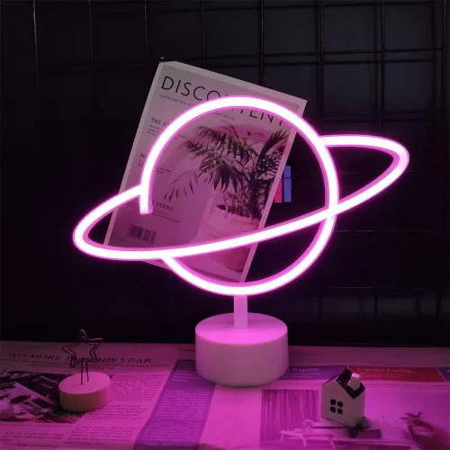 Vista 7 de ENUOLI Letreros de luz de neón de planeta rosa, luces de noche LED con pedestal, decoración de habitación, batería/operación USB, letreros de neón