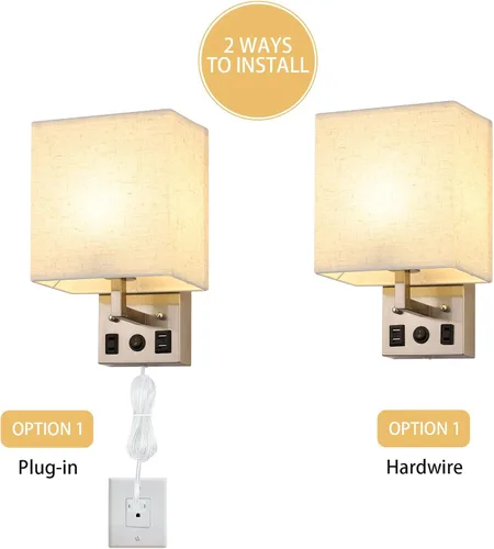 Vista 4 de BTY Juego de 2 apliques de pared modernos, lámparas de pared para dormitorio, enchufe con puertos de carga USB, apliques de enchufe de CA