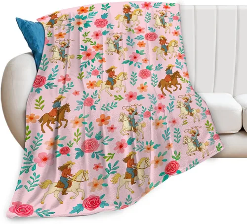 Vista 23 de Manta de caballo para niñas y mujeres, manta de franela de forro polar de animales del oeste, suave y ligera, manta de felpa azul para niños