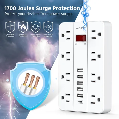 Vista 4 de Protector de sobretensiones con 6 puertos USB (1USB C), cable de extensión AOFO de 5 pies con 8 tomas ampliamente espaciadas, estación de carga