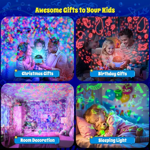Vista 8 de Proyector de luz nocturna, luz nocturna para habitación de niños con control remoto y temporizador, rotación de 360°, 3 películas de proyección, 18
