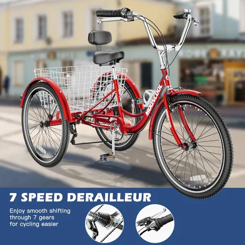 Vista 2 de Triciclos para adultos de 7 velocidades, bicicletas de 3 ruedas de 24/26 pulgadas, bicicletas de tres ruedas de crucero con canasta grande
