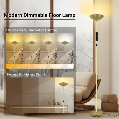 Vista 4 de Lámpara de pie regulable, dorado, 30W 3000LM LED Torchiere Control remoto y táctil, poste alto de 71 pulgadas, cielo moderno, sala de estar
