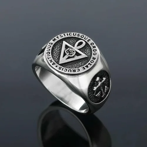 Vista 2 de Anillo Antiquus Mysticusque Ordo Rosae Crucis Signet, Plata de Ley, Bañado en Oro, Rodio, 0.630 x 0.630 in, Anillo Masónico para Hombre