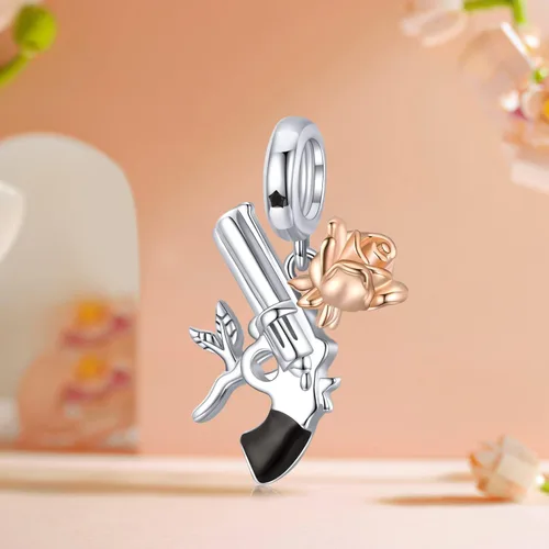 Vista 2 de Authentic 925 Sterling Silver Mom Heart Shaped Pistol with Rose Charm for Original Silver Bracelet or Bangle Jewelry Make Pendants