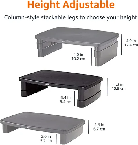 Vista 7 de Amazon Basics Soporte elevador de escritorio rectangular de altura ajustable para monitor de computadora con almacenamiento para reducir la tensión