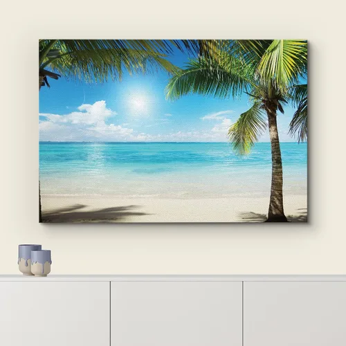 Vista 3 de wall26 - Lienzo decorativo para el hogar con aguas azules tropicales enmarcadas por palmeras, 12 x 18 pulgadas