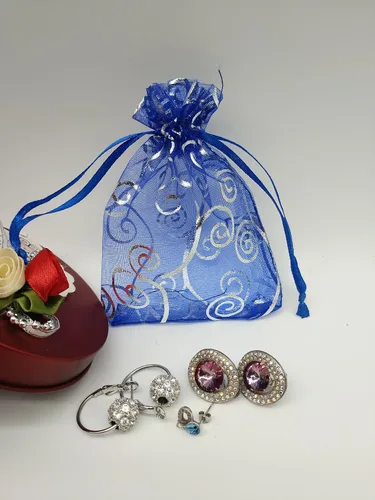 Vista 4 de Bolsitas de organza transparentes con impresión de ratán Ankirol, ideales para bodas y fiestas del bebé, para regalos o muestras (100 unidades), Azul