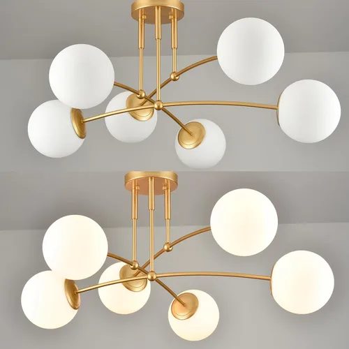 Vista 4 de CLAXY - Lámpara de techo dorada de mediados de siglo, semiempotrada, lámpara de globo de ópalo Dimmable 6-Light Sputnik Ceiling Chandelier E26