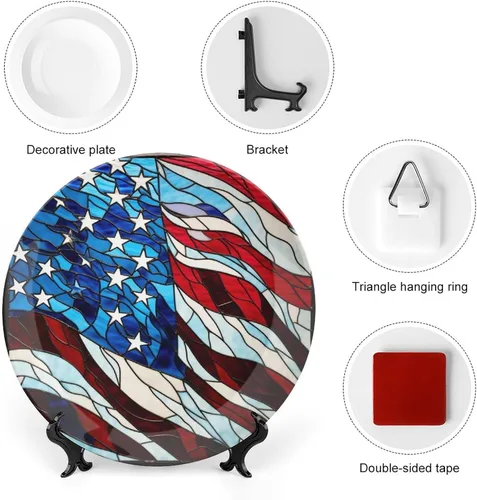 Vista 3 de Platos decorativos con diseño de bandera de Estados Unidos, acuarela, vitrales, decoración del hogar, platos de cerámica, para cocina, mesa auxiliar