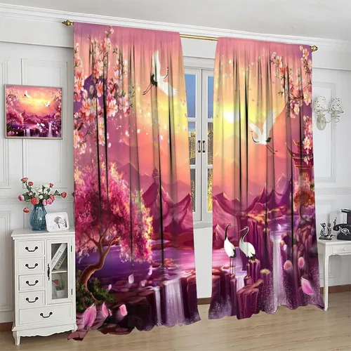 Vista 4 de Cortinas de estilo japonés, flor de cerezo, grúa de amanecer, estilo asiático, cortinas opacas para dormitorio, sala de estar, juego de 2 paneles