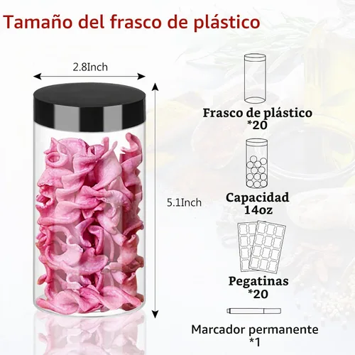 Vista 2 de Hajoyful Tarros de plástico con tapas, 20 frascos de plástico transparente de 14 onzas con tapas herméticas a prueba de fugas, de plástico negro