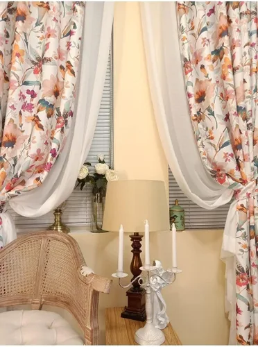 Vista 5 de Cortinas de lino beige con pestaña trasera de 45 pulgadas de largo para sala de estar, juego de 1 panel, 60% opacas, núcleo de cabaña, jardín