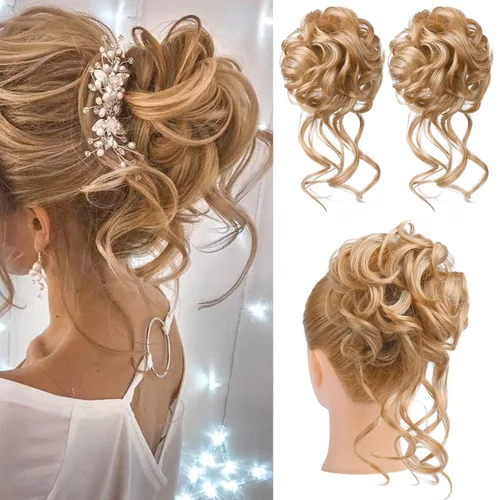 Vista 41 de HOOJIH 2 piezas de extensiones de cabello estilo moño despeinado, extensiones de cabello rizado y ondulado con tiras, cola de caballo, horquillas