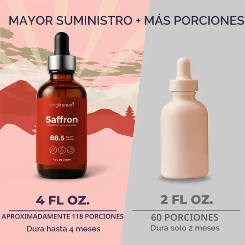 Vista 3 de LongLifeNutri Gotas de extracto de azafrán, suplemento líquido de 4 onzas líquidas, fórmula herbaria de 88.5 mg, cápsulas de salto, formato