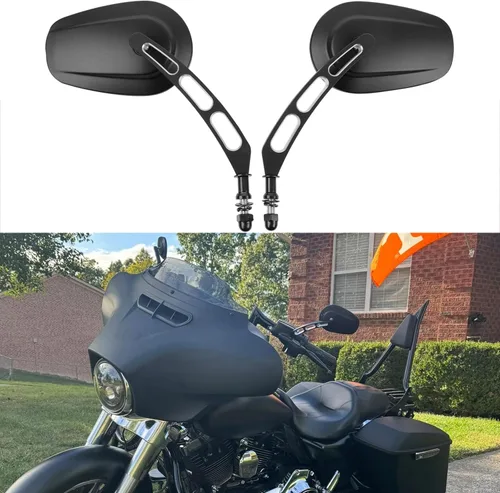 Vista 4 de Espejo retrovisor lateral de 8 mm en negro para motocicleta con estilo hueco Compatible con Harley Street Glide, Road King, Dyn, Softail, Bobber