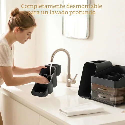 Vista 6 de Organizador de maquillaje de gran capacidad con soporte para brochas de maquillaje para tocador, material grueso, organizador de encimera de baño