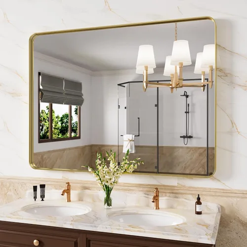 Vista 12 de JISOSO - Espejo de baño negro de 20x30 pulgadas con marco de metal negro, espejo de tocador rectangular redondeado con acabado mate para pared