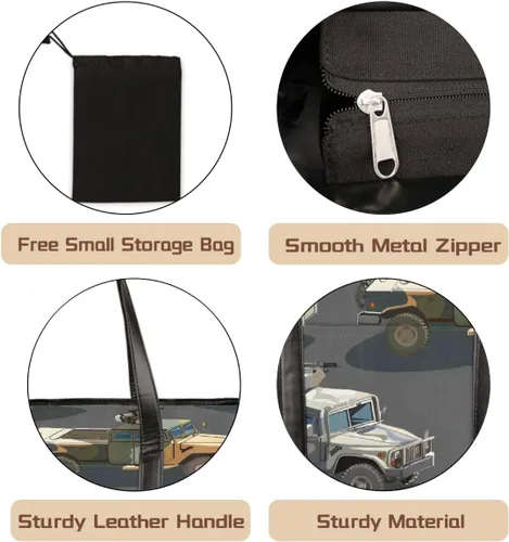 Vista 3 de Cartoon Military Vehicle Pattern Canvas Computer Bag for Women, 15.6 Inch Laptop Tote Bag with Leather Handle, Large Capacity Shoulder Work Bag for