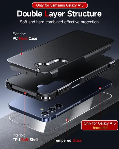 Vista 4 de LeYi Funda para teléfono Samsung Galaxy A15-5G: Funda Samsung A15 con protector de pantalla x 2 + 2 protectores de lente de cámara, protección