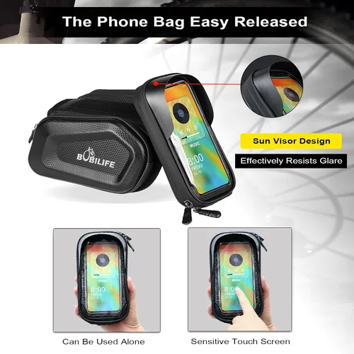 Vista 2 de Bolsa de tubo para marco de bicicleta con soporte táctil para teléfono, bolsa frontal impermeable de dos lados para manillar gemelos con bolsa