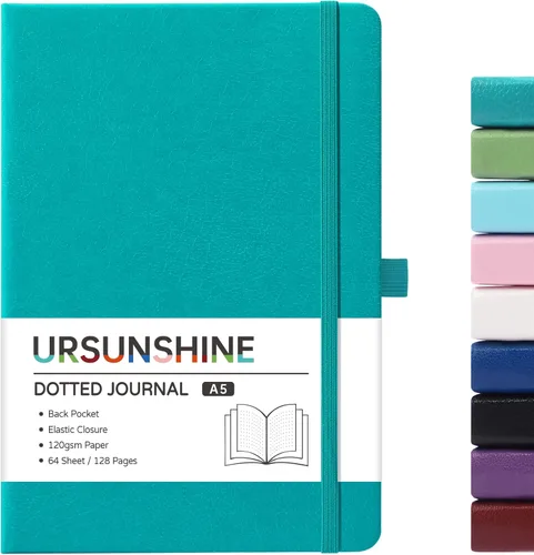 Vista 18 de Cuaderno punteado, diario, 5.3 x 8.26 pulgadas, tapa dura, prémium, papel grueso, doble espiral, bandas, cuero negro sintético, lazo para bolígrafo