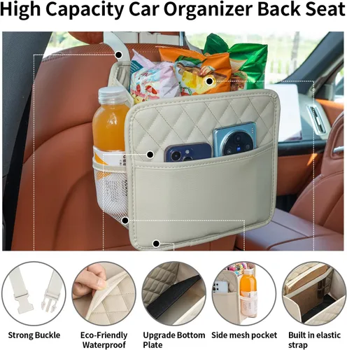Vista 3 de FrgKbTm Organizador colgante para asiento trasero de coche con soporte para documentos, bolsa con múltiples bolsillos, botella, caja