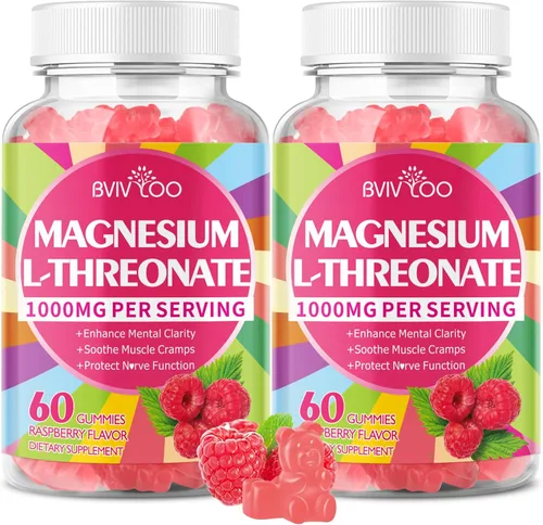 Vista 8 de Gomitas de magnesio L-treonato de 1000 mg para adultos, apoyo muscular y del sistema nervioso, vegano, sabor a frambuesa sin azúcar, 60 gomitas