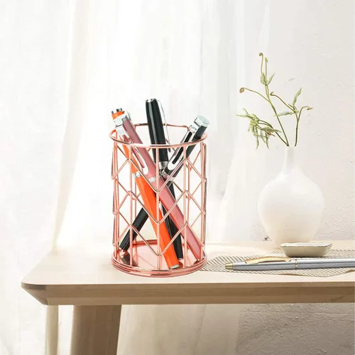 Vista 4 de Soporte para lápices de malla metálica de alambre de oro rosa, soporte para brochas de maquillaje, organizador de bolígrafos, accesorios
