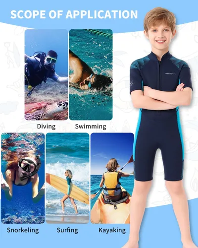 Vista 6 de Seaskin - Traje de neopreno para niños, cremallera frontal de 2 mm, trajes de baño térmicos cortos para buceo Neoprene Front Zip Diving Suits