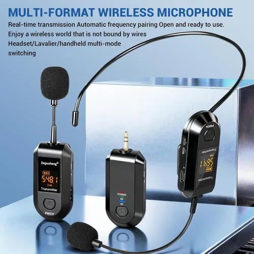Vista 4 de Depusheng Auriculares de micrófono inalámbrico 2.4G, Lavalier y micrófono de mano rango de 160 pies, con enchufe de 1/8 y 1/4 pulgadas para sistema