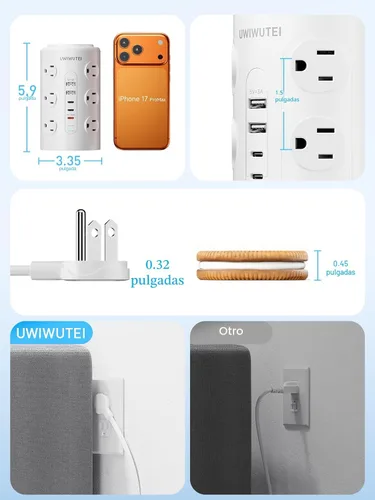 Vista 7 de Regleta de alimentación de torre con 1 puerto dedicado de carga rápida PD 20W, 12 tomas, 5 puertos USB (3 USB-C), protector de 1800J, estación