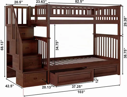 Vista 2 de Cama Atlantic Furniture tipo litera con escalera Columbia y cajones de cama en panel elevado, Madera, Nogal Antiguo