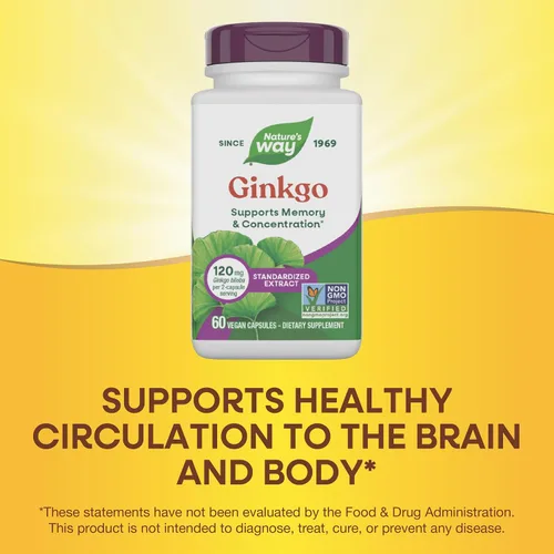 Vista 4 de Nature's Way Extracto de Ginkgo Premium, apoya la memoria y la concentración*, 120 mg de extracto de ginkgo biloba por porción de 2 cápsulas