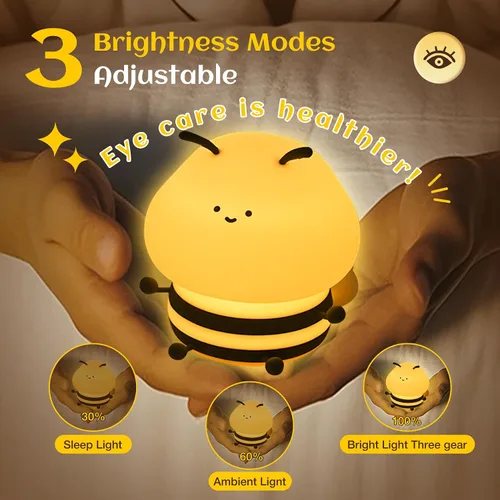 Vista 8 de Luz nocturna de abeja para niños, lámpara blanda, luz nocturna de animales, 3 niveles de brillo, lámpara para niños que cambia de color, lámparas