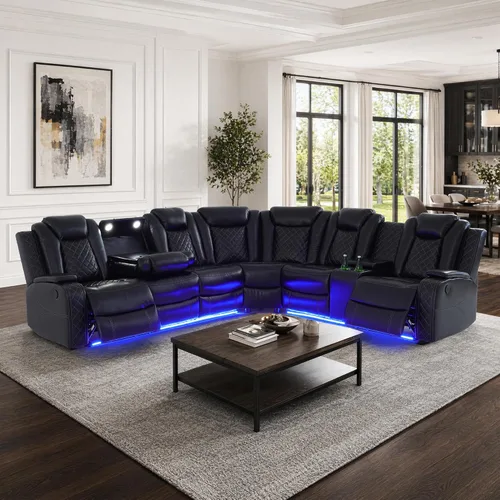 Vista 20 de Juego de sofá modular reclinable eléctrico para sala de estar, juego de sofá reclinable de cuero con luces LED / almacenamiento oculto, sofá