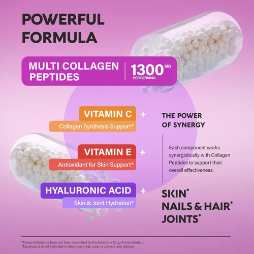 Vista 4 de Péptidos de colágeno múltiple – Tipos hidrolizados I, II, III, V y X – Suplemento de colágeno para mujeres 1300mg – con ácido hialurónico, vitaminas