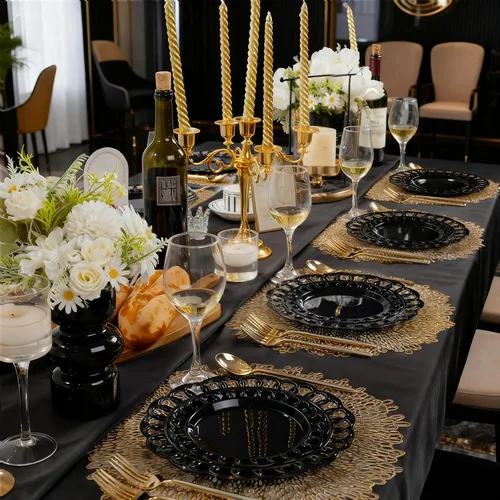 Vista 5 de COLOSUS Juego de 60 platos de plástico negro, platos barrocos elegantes, elegantes platos desechables con borde de encaje, platos de plástico