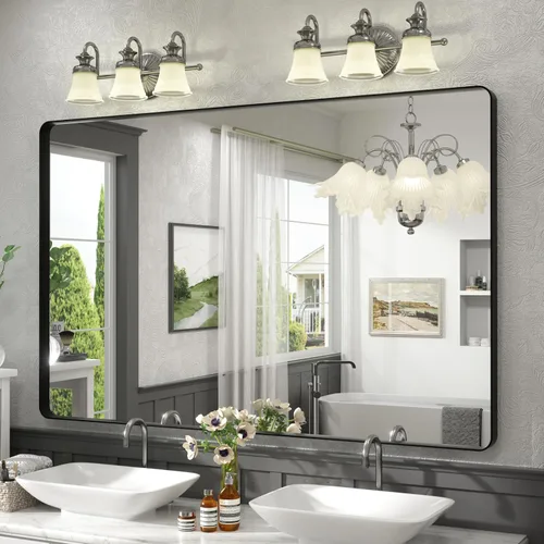 Vista 31 de Paquete de 2 espejos de baño con marco de metal negro de 22 x 30 pulgadas, espejo rectangular redondeado negro mate, antioxidante, se cuelga