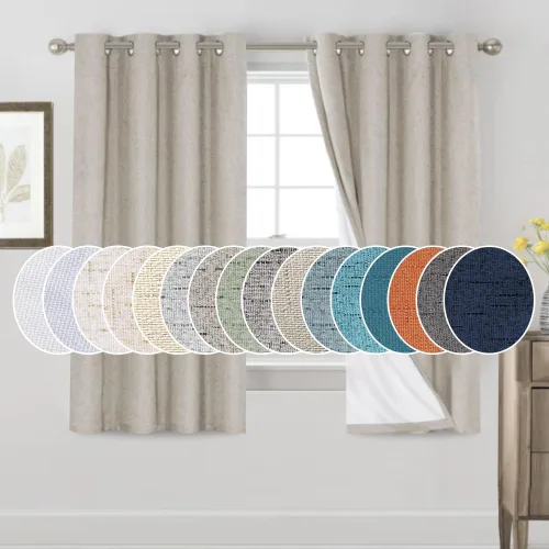 Vista 166 de Cortinas con textura de lino 100% opacas de 64 pulgadas de largo, juego de 2 paneles de cortinas de lino opacas con forro aislante térmico que Arena