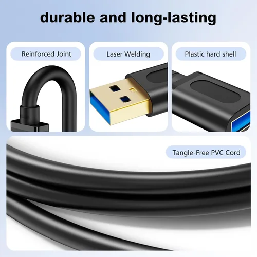 Vista 2 de Cable de extensión USB de 1 pie, repetidor USB 3.0 USB macho a hembra con amplificador de señal, cable activo para impresoras, teclados, consola