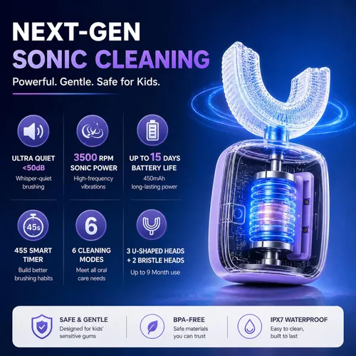 Vista 2 de Cepillo de dientes eléctrico para niños, cepillo de dientes en forma de U, cepillo automático sónico con 5 cabezales de cepillo, 6 modos de limpieza